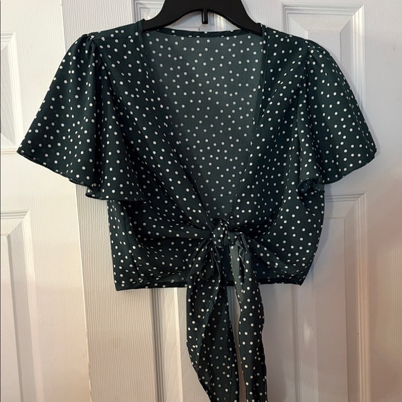 Amazon Tops - Amazon Green Polka Dot Tie-Front Blouse